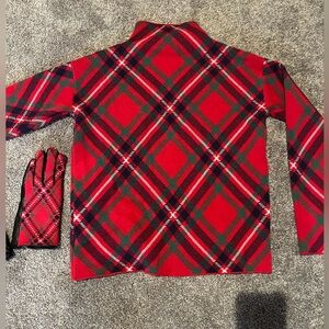 Tahari Red & Green Plaid Sweater and Matching Glove Set